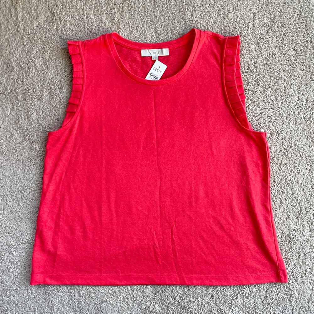 LOFT Coral Red Orange Solid Ruffle Trim Crew Neck Sleeveless Top Size XL